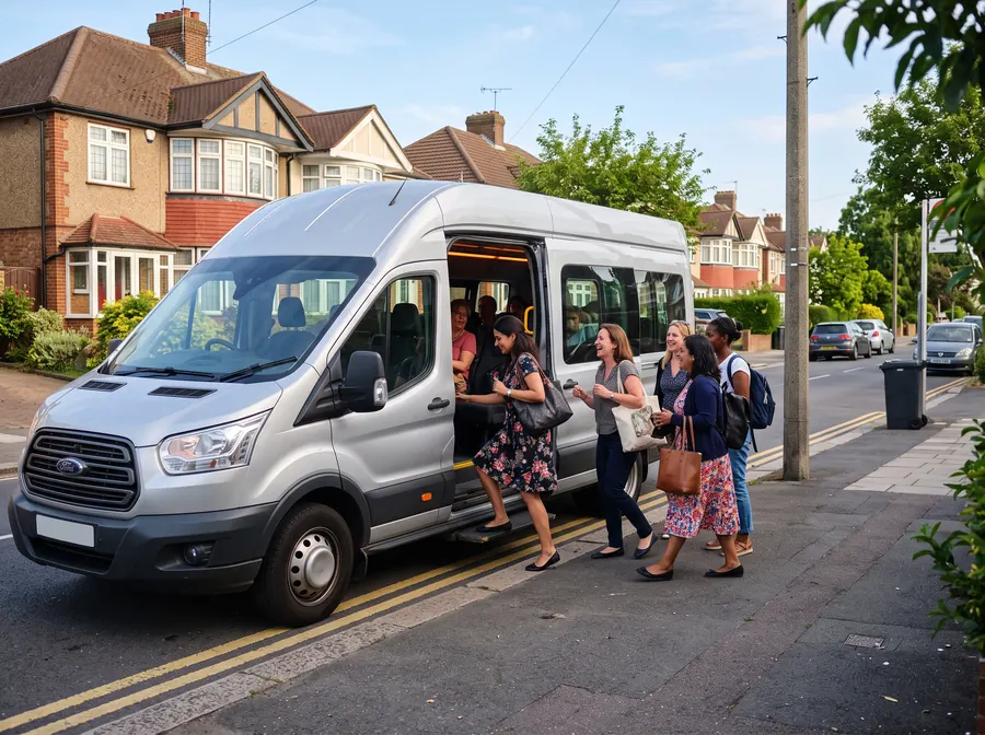 A silver-grey 16-seat minibus at the kerb of a Ruislip street of 1930s semi-detached houses in bright summer sunlight, side door open and interior lit, a group of women dressed up for a day out boarding with bags.